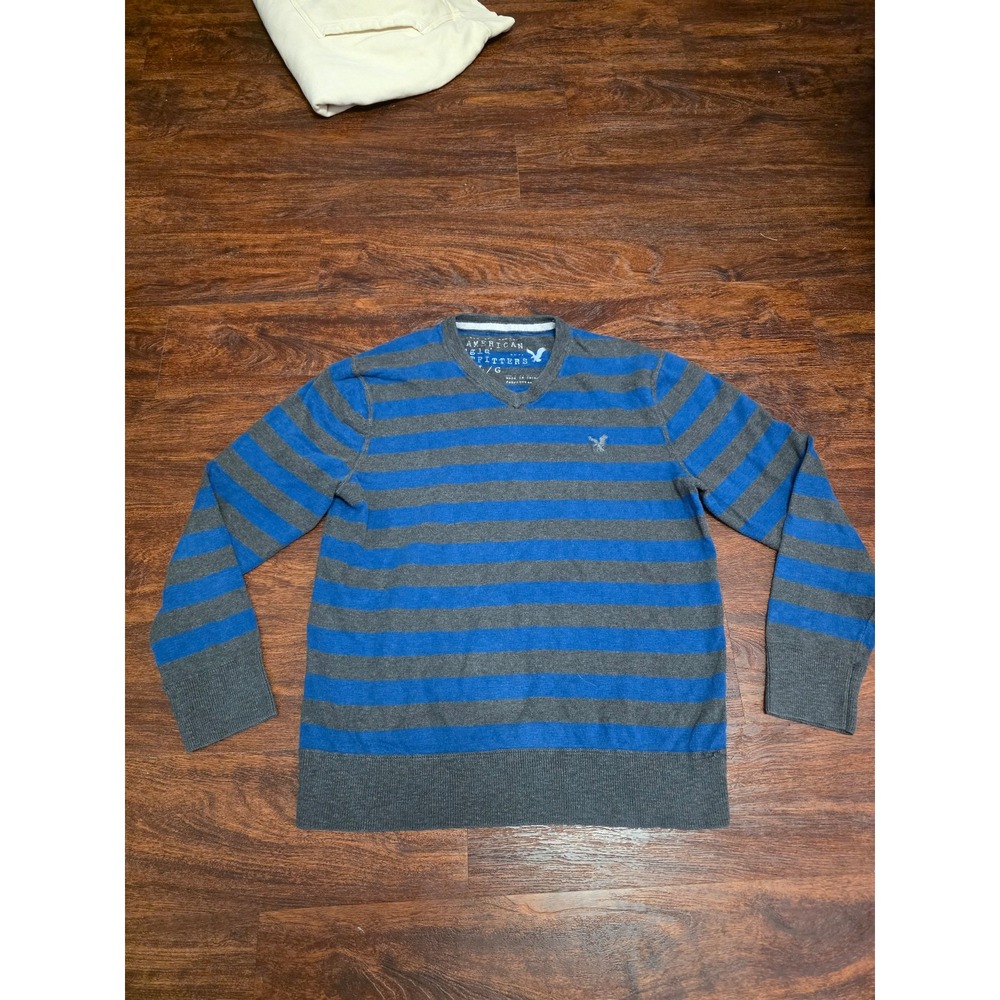 American Eagle Outfitters Men's L Blue Gray Striped V Neck Sweater Preppy